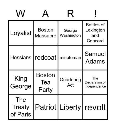 American Revolutionary War Review Bingo Card