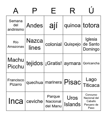 ¡Vamos a Perú! Bingo Card