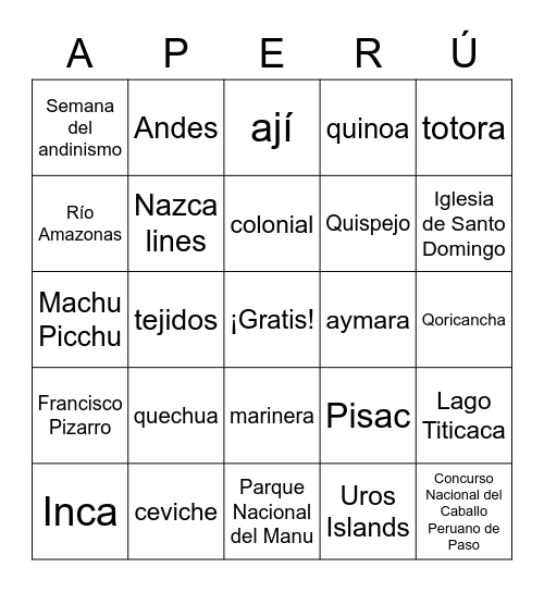 ¡Vamos a Perú! Bingo Card