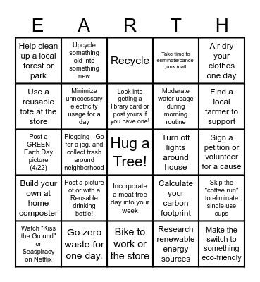 QA Fun Committee Earth Day Bingo Card