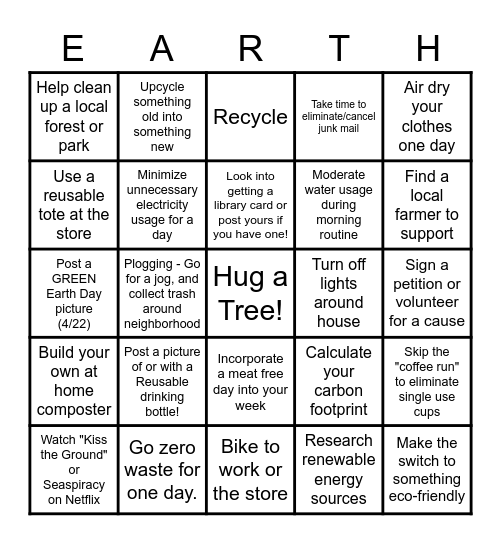 QA Fun Committee Earth Day Bingo Card