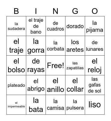 LA ROPA  -  ESPANOL 2 Bingo Card