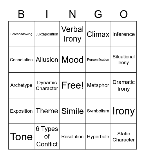 Lit Terms Bingo Card