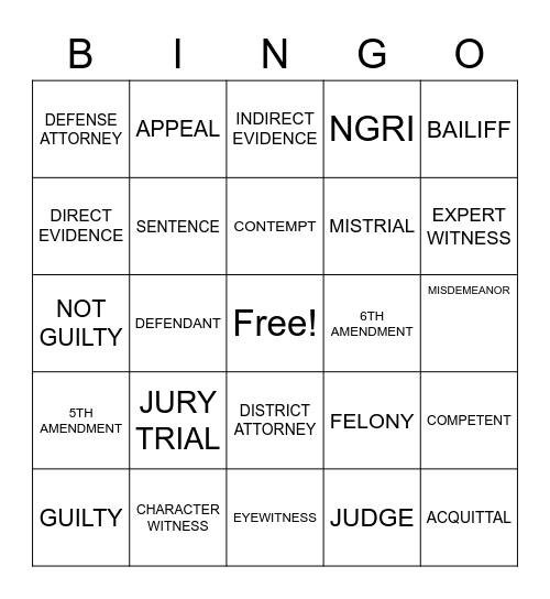 Court Competency Bingo Card