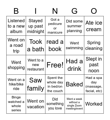 Spring Break Bingo Card