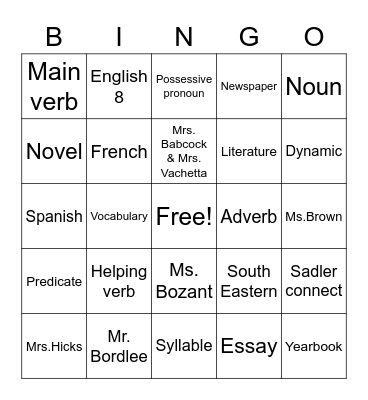 English Bingo Card