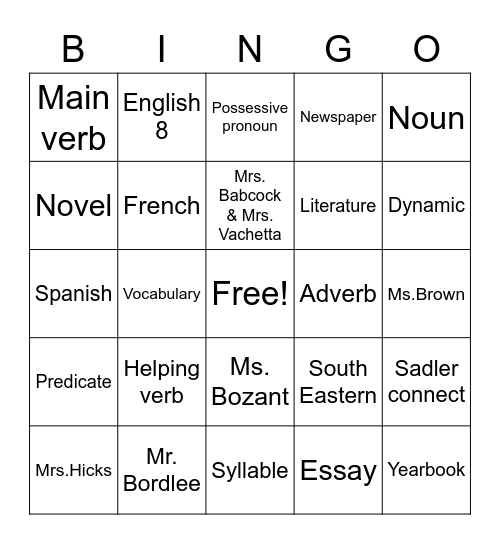 English Bingo Card