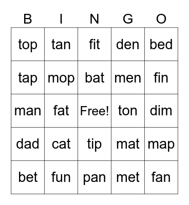 CVC Words Bingo Card
