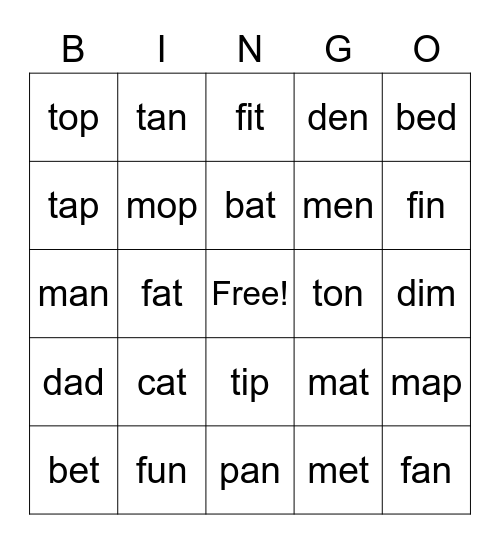 CVC Words Bingo Card