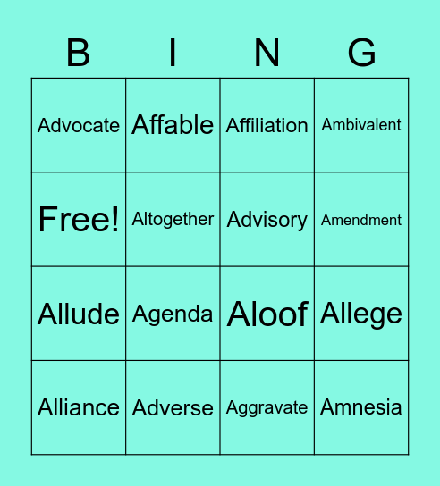 Vocabulary Bingo Set  2 Bingo Card