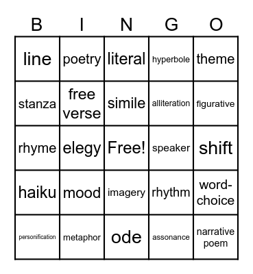 Poetry Terms Bingo Card