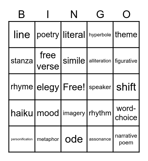 Poetry Terms Bingo Card