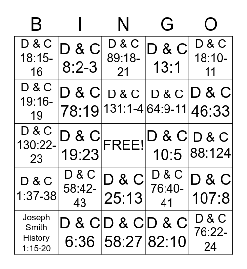 Doctrine and Covenants Bingo Card