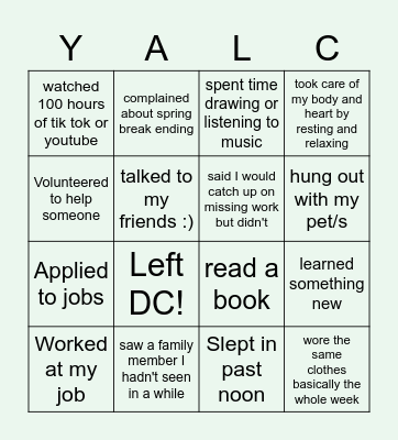 YALC Spring Break Bingo Card