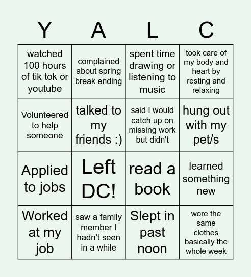 YALC Spring Break Bingo Card