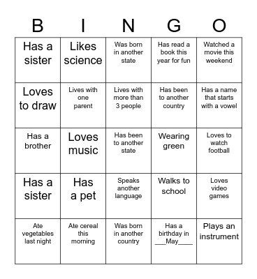 Getting to Know You Bingo Card