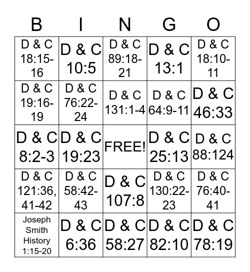 Doctrine and Covenants Bingo Card