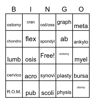Skeletal Medical Word Parts Bingo Card