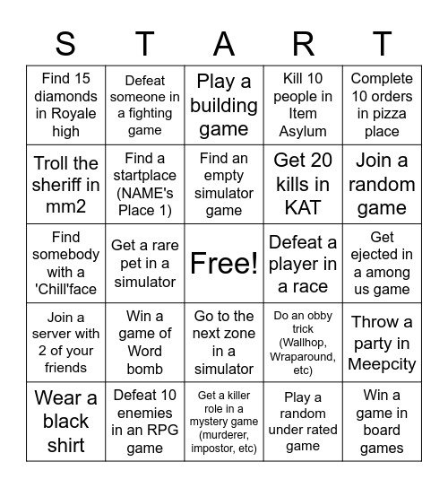 Roblox Challenge Bingo Card - what number color is black in roblox