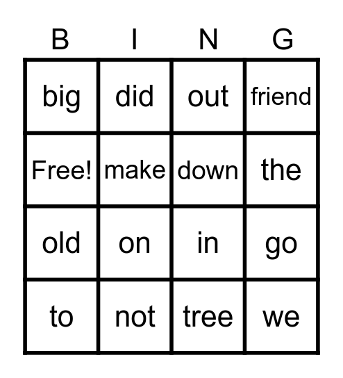 Spelling Words Bingo Card