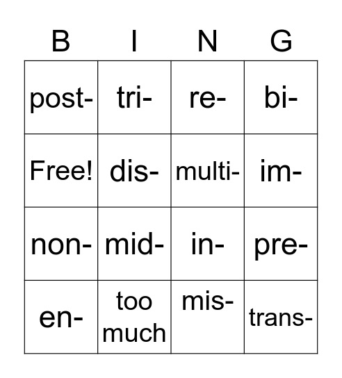Prefixes Bingo Card