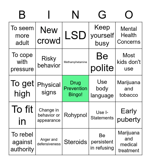 Drug Prevention Bingo Card