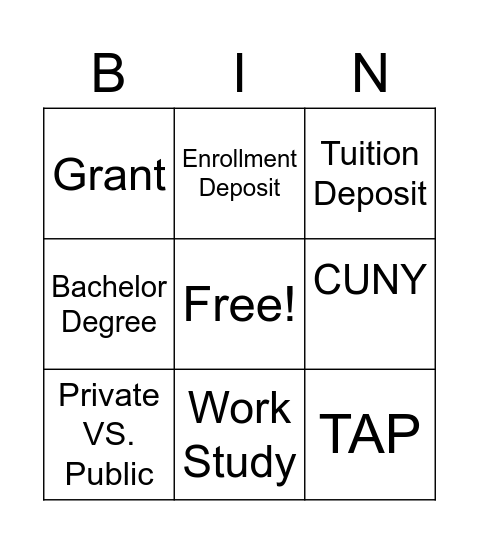 College Characteristics Bingo Card