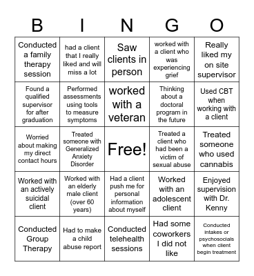 Internship Bingo Card
