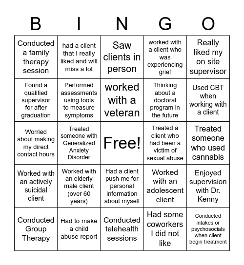 Internship Bingo Card