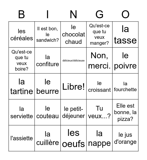 Bien Dit 1 Chapitre 6 Vocabulaire 1 - J. Bowers Bingo Card