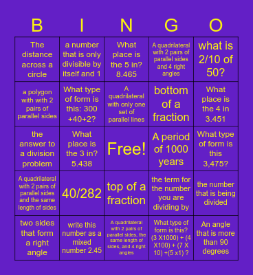 Math Bingo Card