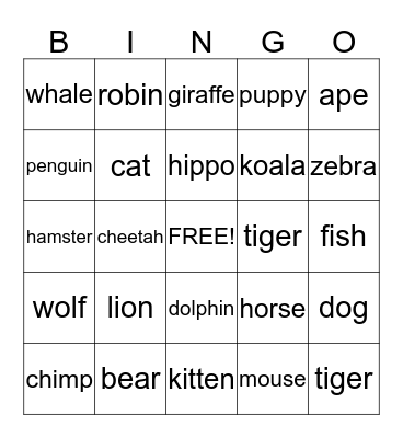 Animal Bingo Card