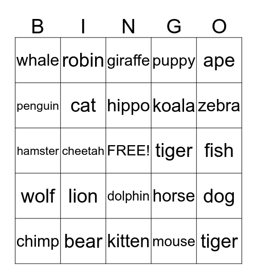 Animal Bingo Card