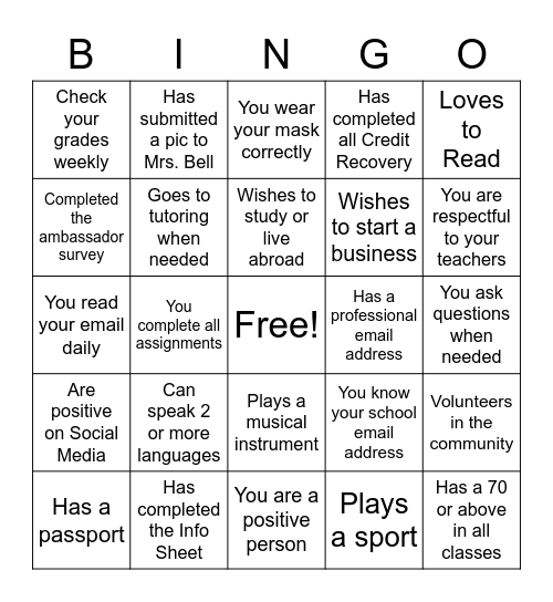 Student Ambassador BINGO! Bingo Card