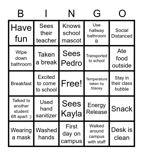 Back to School Bingo Card