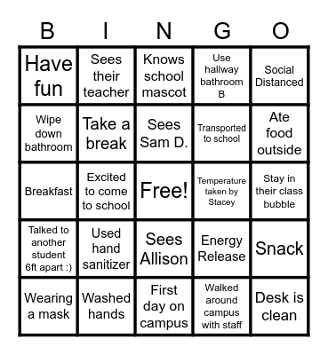 Back to School Bingo Card