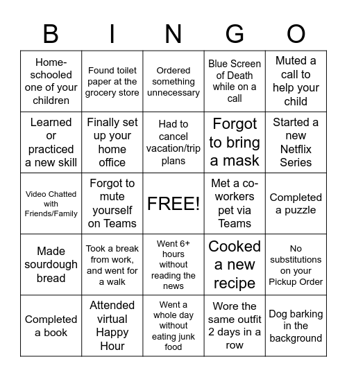 Work from Home Bingo Card