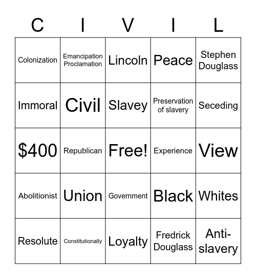 Abraham Lincoln abolishing slavery Bingo Card
