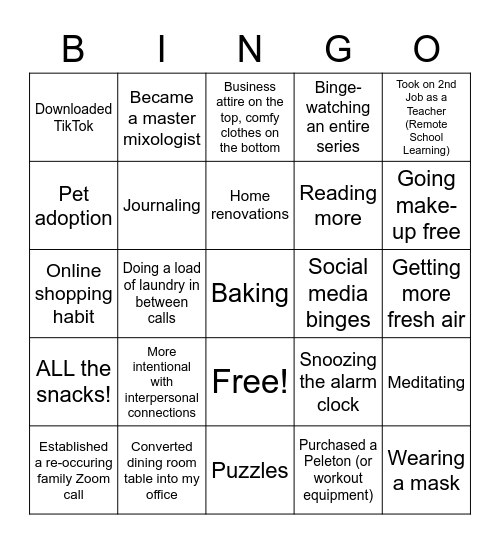 Covid Life Bingo Card