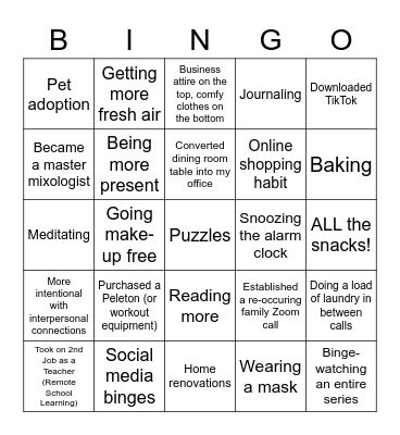 Covid Life Bingo Card