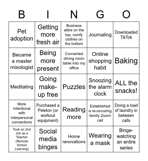 Covid Life Bingo Card