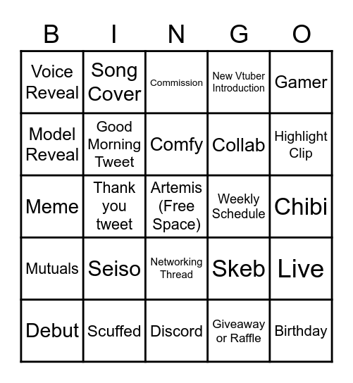 Vtuber Twitter Bingo Card