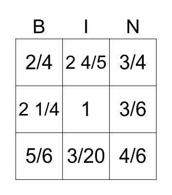 Subtracting Fractions Bingo Card