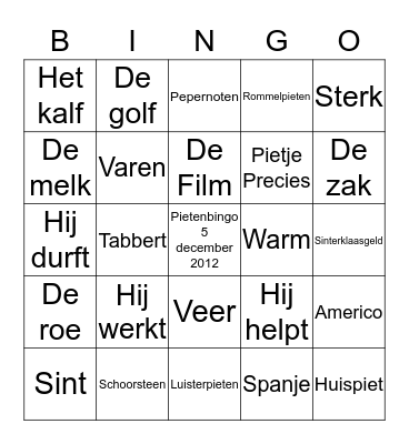 Pietenbingo Groep 4 OBS De Zeester Bingo Card