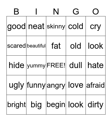 Synonym Bingo Card