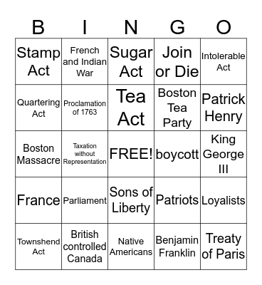 Road to Revolution Bingo Card