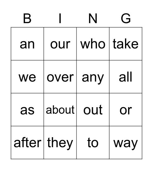 Common Words Bingo Card