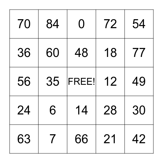Multiplication Bingo (6's & 7's) Bingo Card