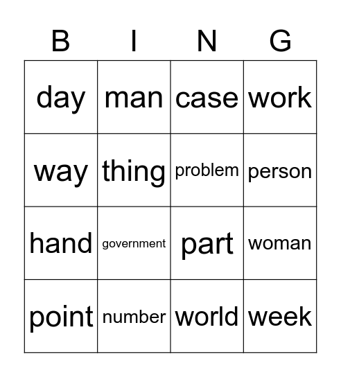 Nouns (things) Bingo Card