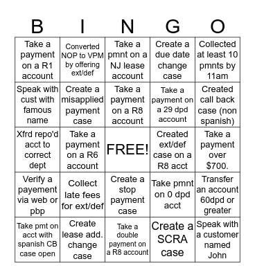 Dialer Bingo Card